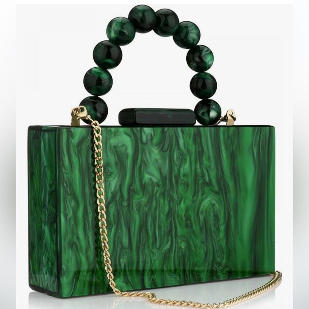 Acrylic green marbled crossbody square bag with gold crossbody strap